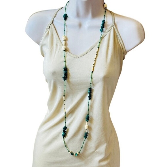 VTG Green Malachite Stone Beaded Necklace brass beads Natural Genuine strand 50" - Picture 2 of 8